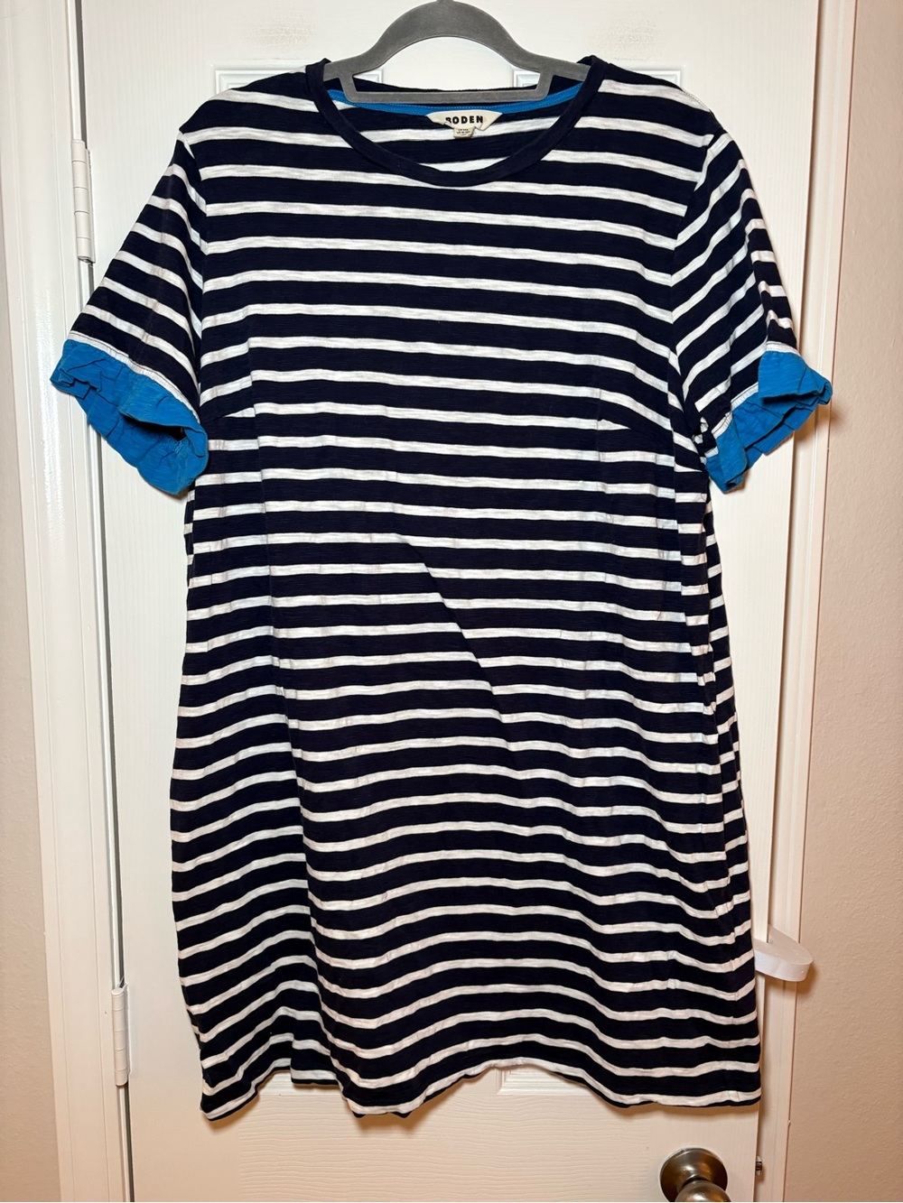 Boden Striped T-Shirt Dress Blue Ruffle Sleeve Navy US 16-18R
